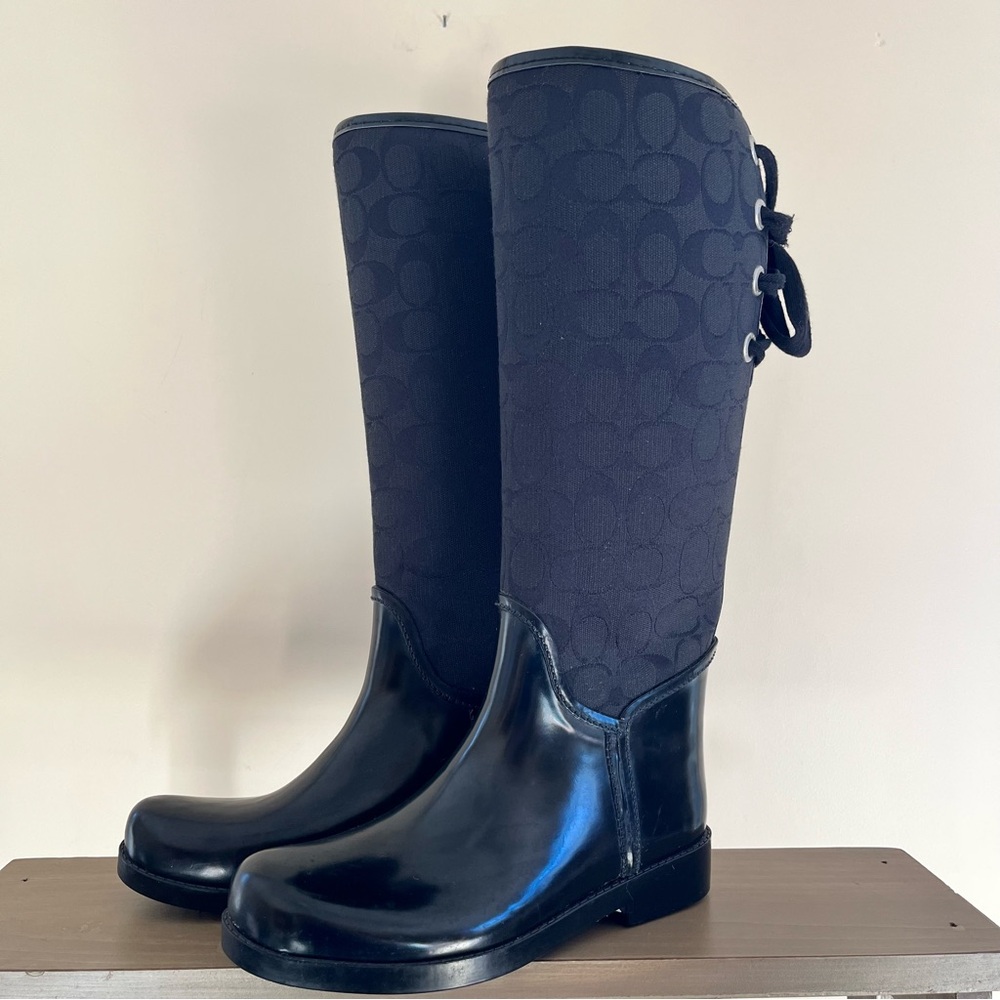 Coach Tristee Laceup Black Signature Tall Rain Boots with Back Bow Detail